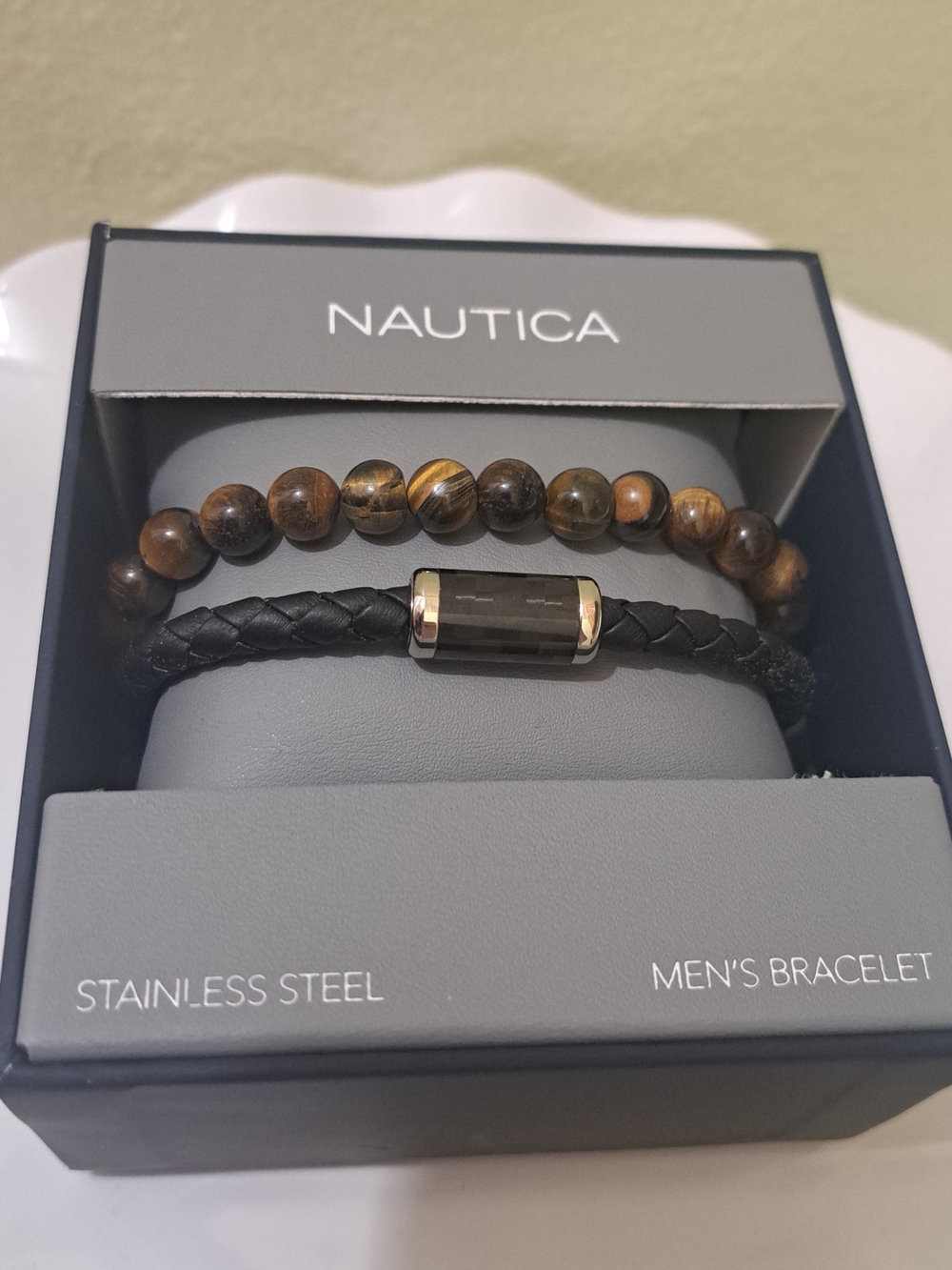 Nautica Brown Tiger Eye Bead & Black Braided Bracelet Set